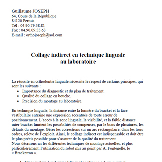 Collage indirect en technique linguale au laboratoire
